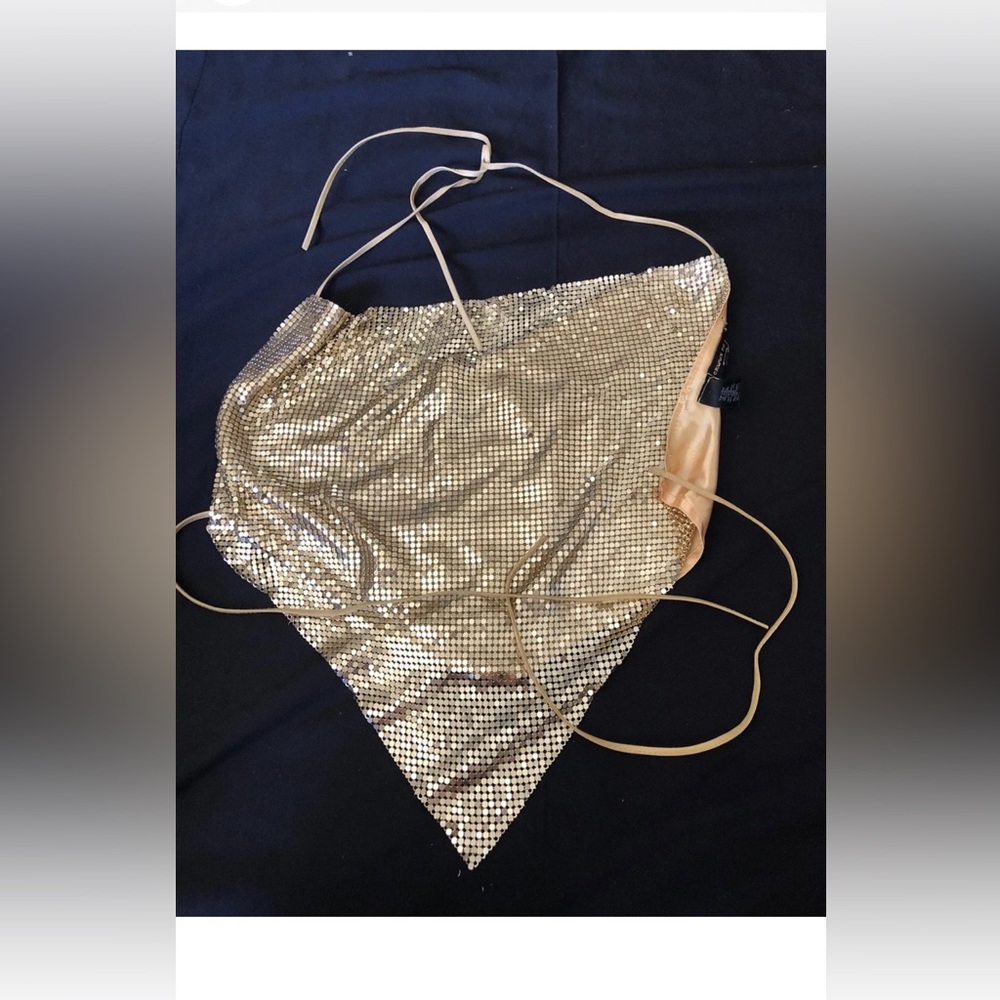 Women’s Vintage Gold Metal Mesh Draped Metallic Halter Backless M